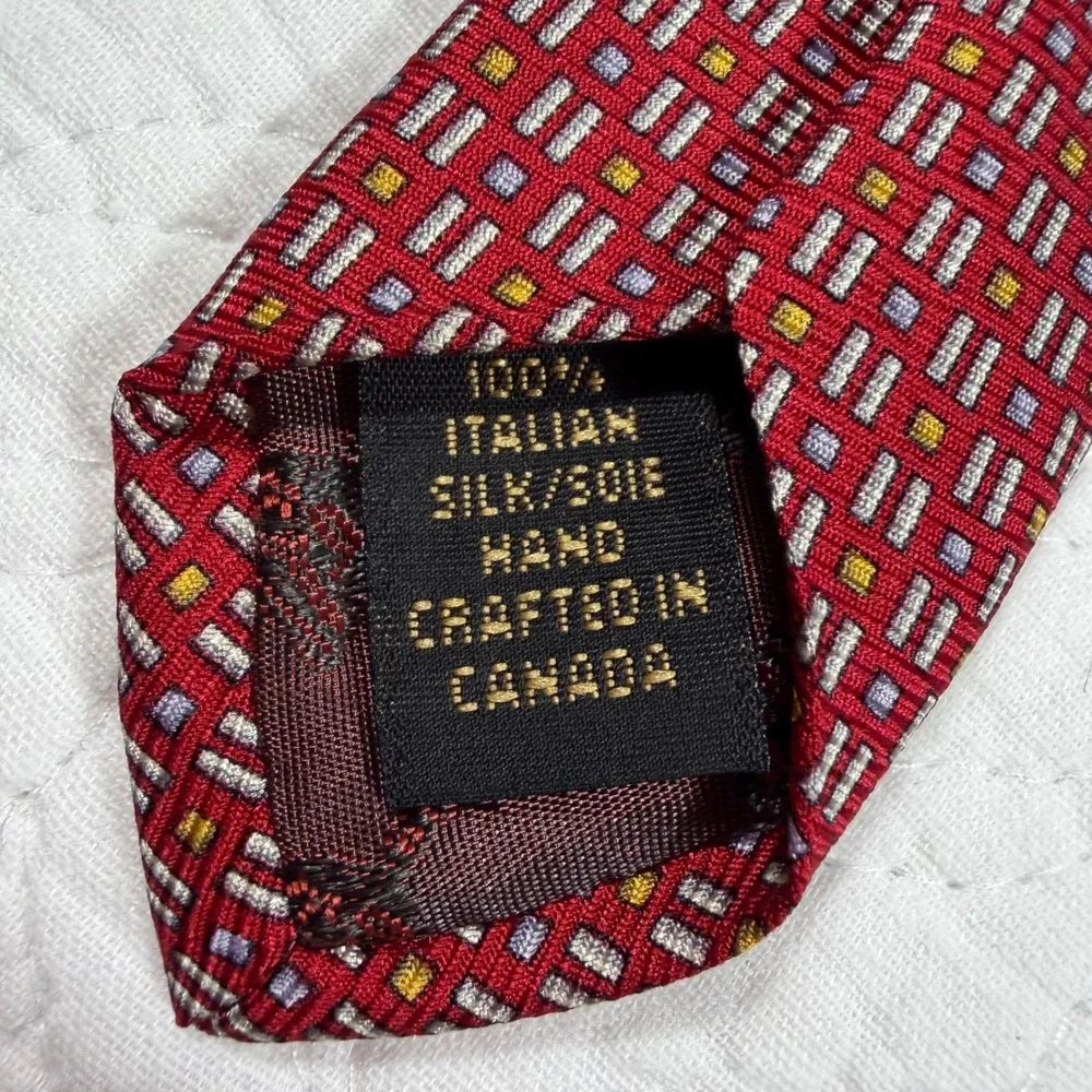 Dion Signature Necktie Men‎ Red Geometric Italian Silk Handcrafted EUC
